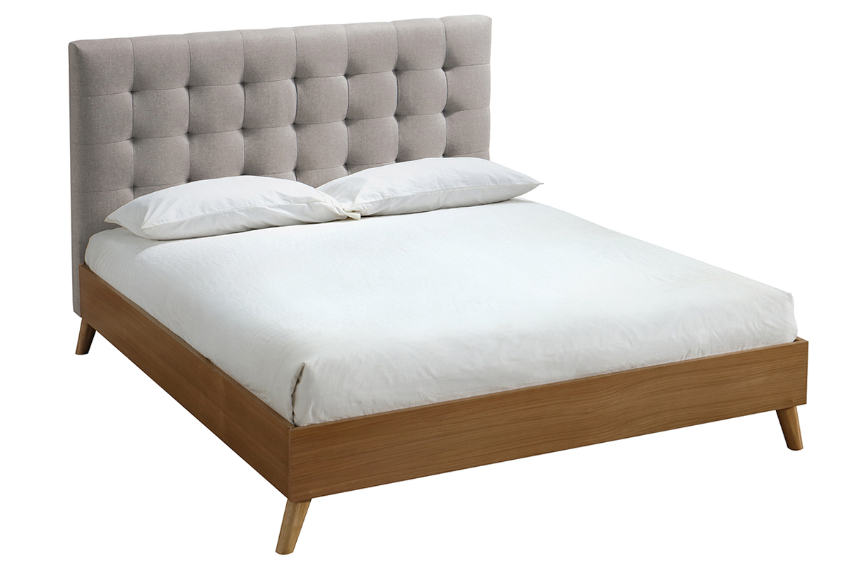 Lit adulte scandinave bois et tissu beige 140 x 200cm LYNN
