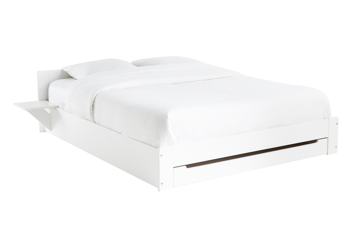 Lit avec tiroir rangement et chevets blanc 160 x 200 cm LORIS