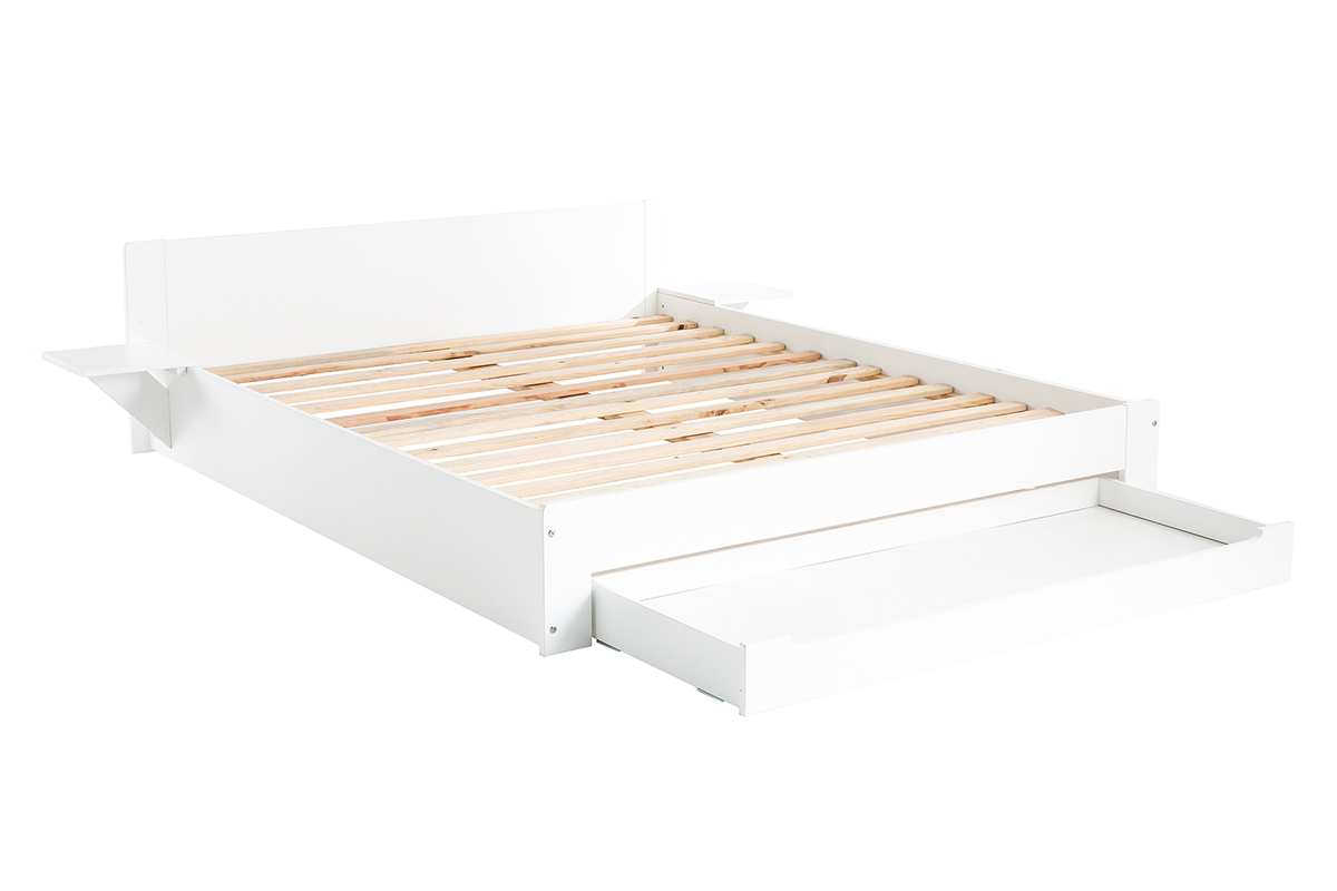 Lit avec tiroir rangement et chevets blanc 160 x 200 cm LORIS