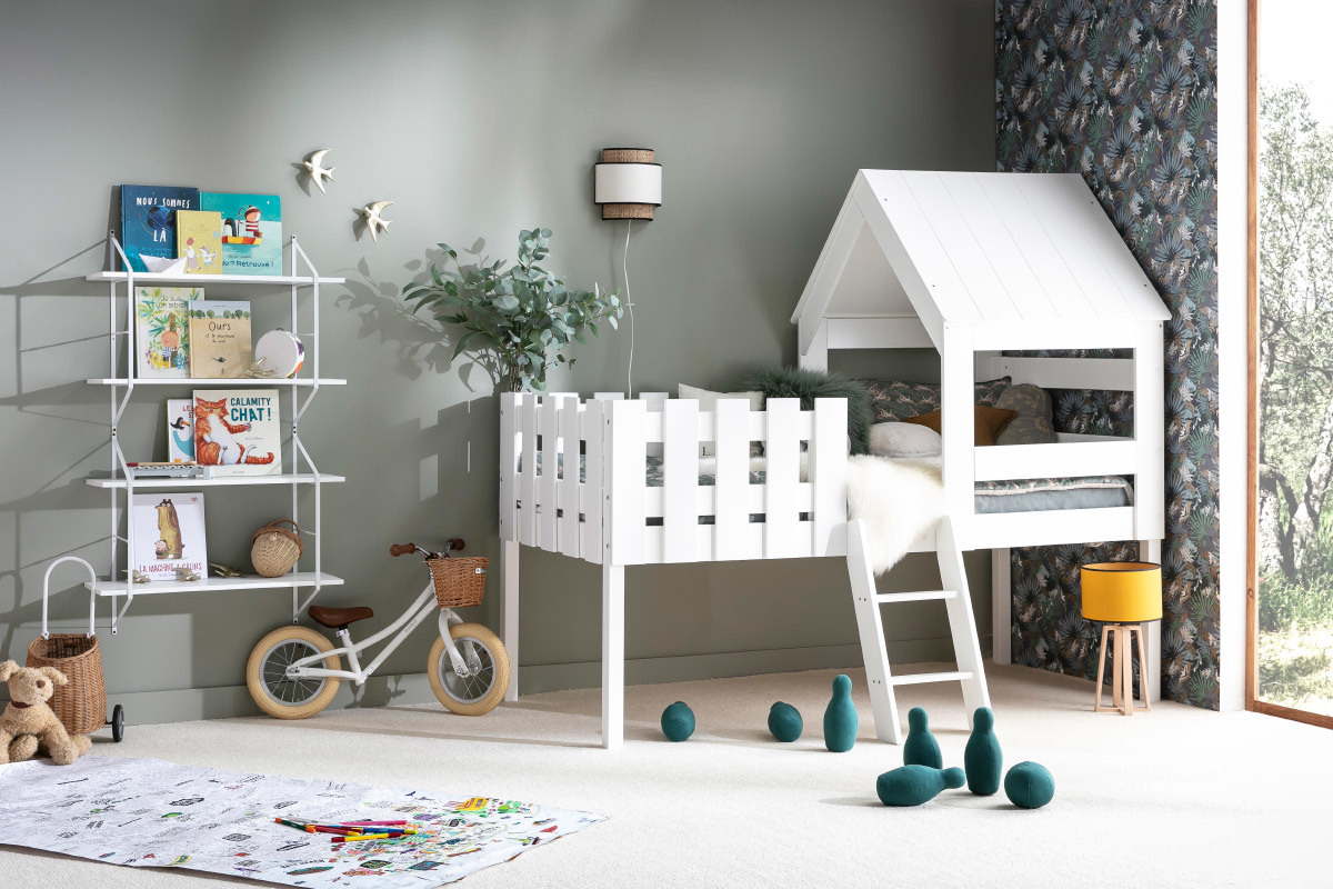 Lit cabane bois blanc 90x200 cm NESTY HOUSE