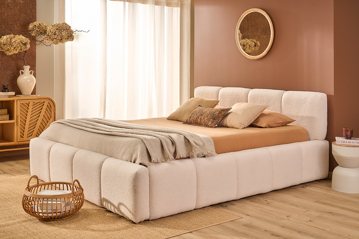 Lit coffre 2 places 160x200 cm en tissu laine boucl�e MOTTO