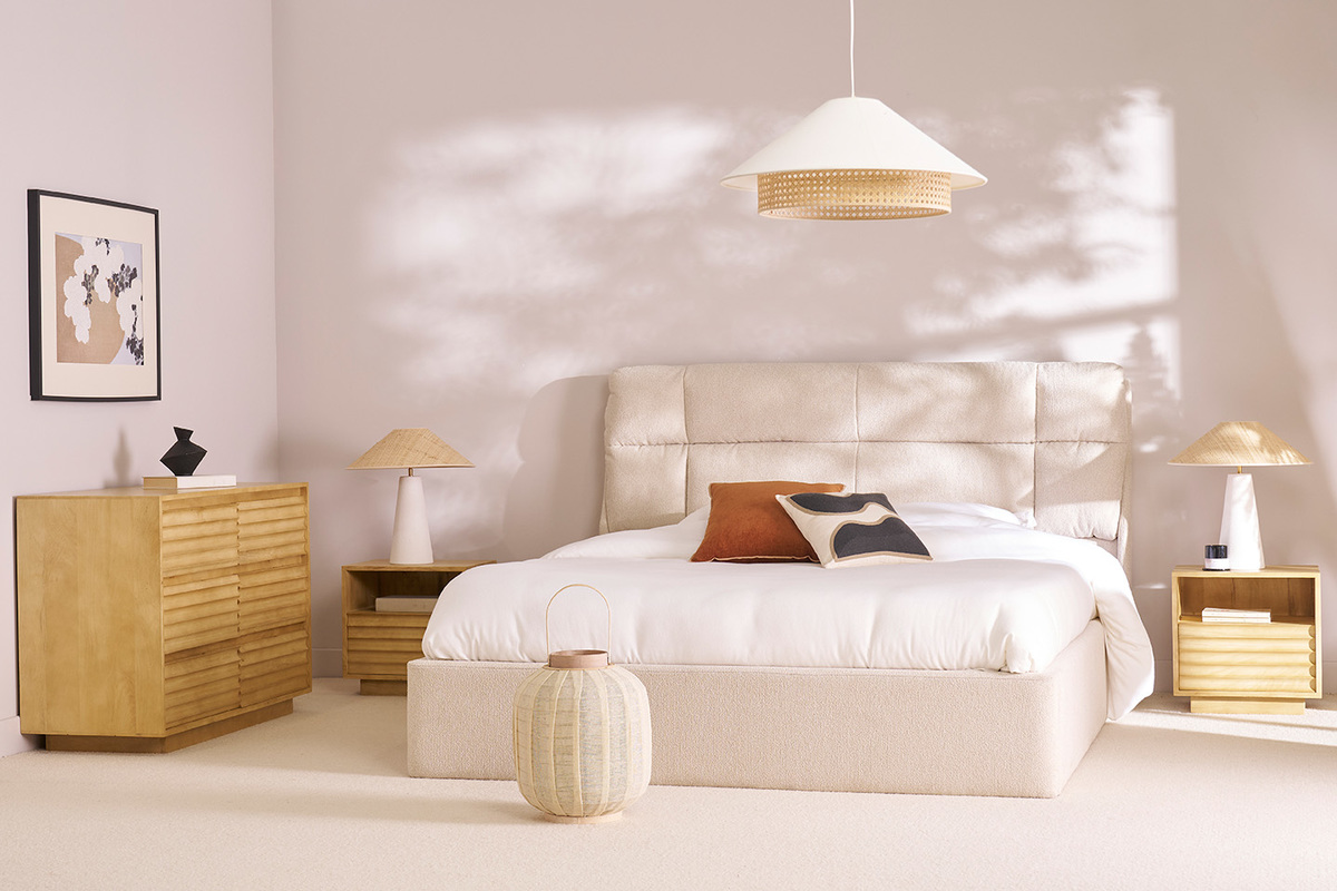 Lit coffre 2 places 160x200 cm en tissu textur taupe HONO