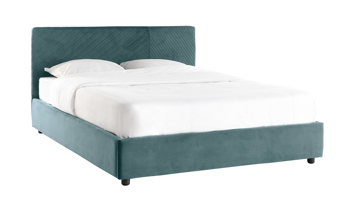 Lit coffre avec sommier et tte de lit  motif en velours bleu paon 160 x 200 cm RIGA