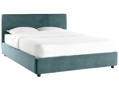 Lit coffre avec sommier et t&ecirc;te de lit &agrave; motif en velours bleu paon 160 x 200 cm RIGA