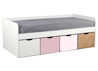 Lit enfant avec rangements 4 tiroirs bois, blanc et rose MOLENE