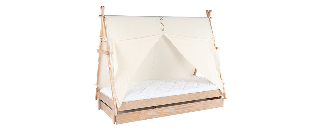 Lit enfant tipi avec rangement bois et coton naturel APACHE