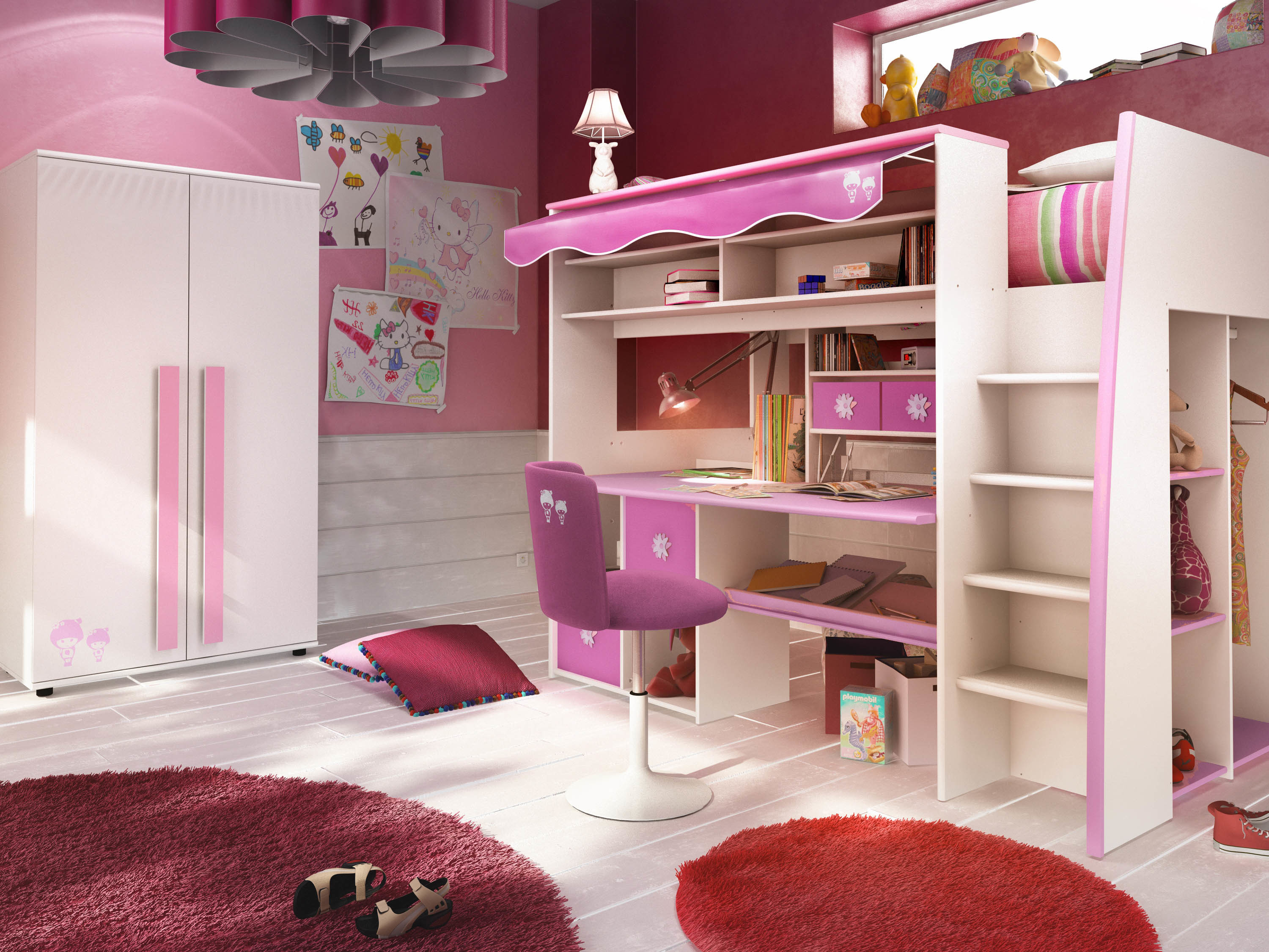 Lit mezzanine enfant rose et blanc marchande miliboo