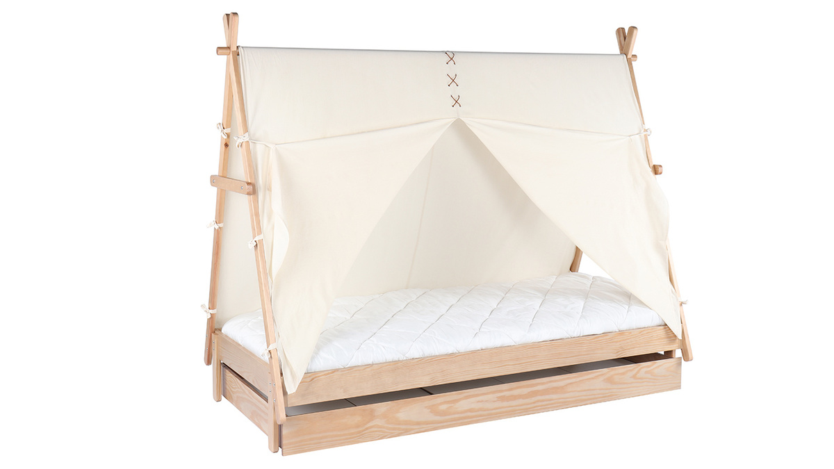 Lit tipi avec rangement bois et coton naturel APACHE