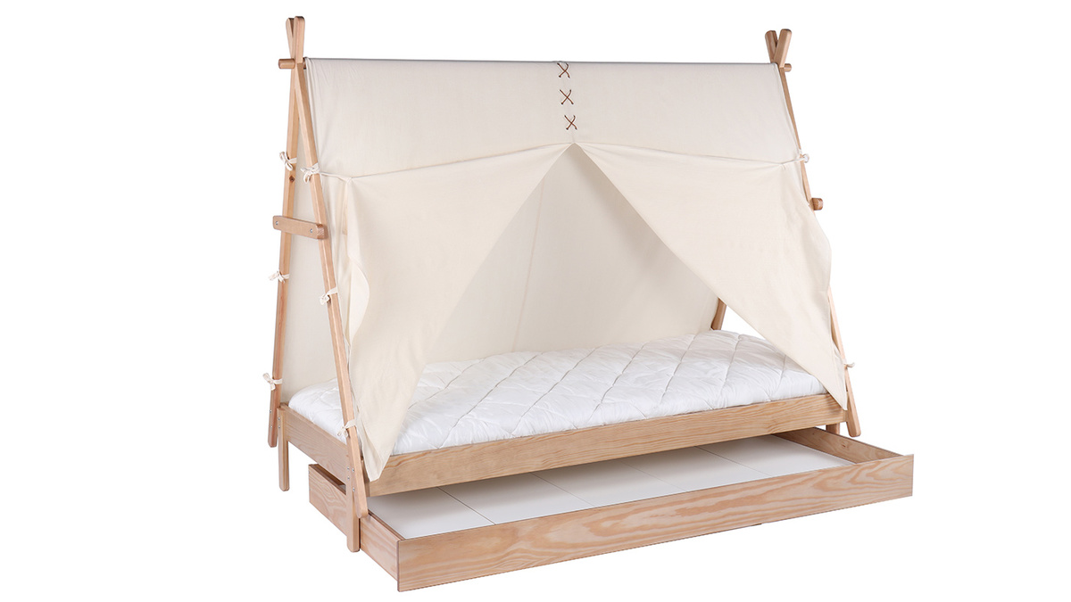 Lit tipi avec rangement bois et coton naturel APACHE