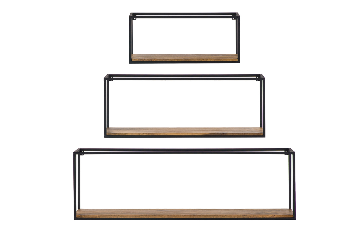 Lot de 3 �tag�res murales rectangles m�tal noir et manguier YPSTER