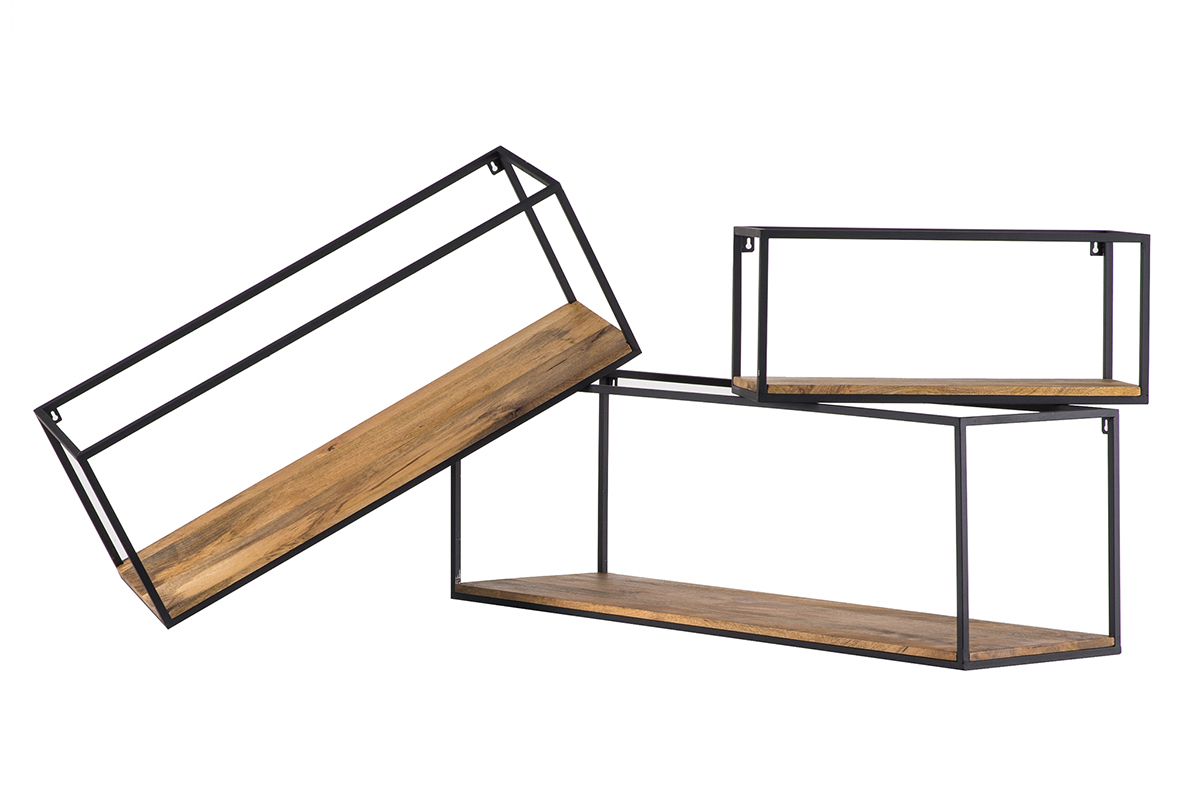 Lot de 3 �tag�res murales rectangles m�tal noir et manguier YPSTER