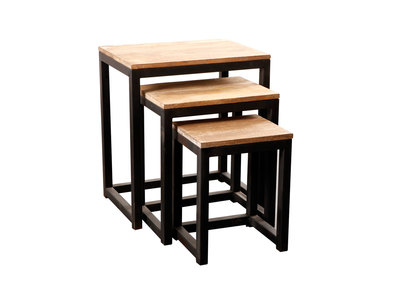 Lot de 3 tables gigognes industrielles m&eacute;tal et bois FACTORY