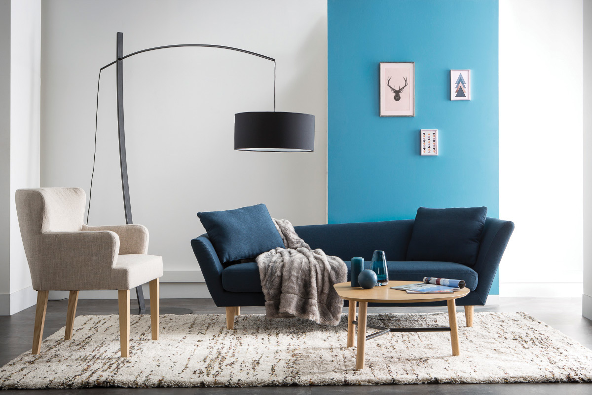 M�ridienne 3 places bleu pieds bois ch�ne NARA