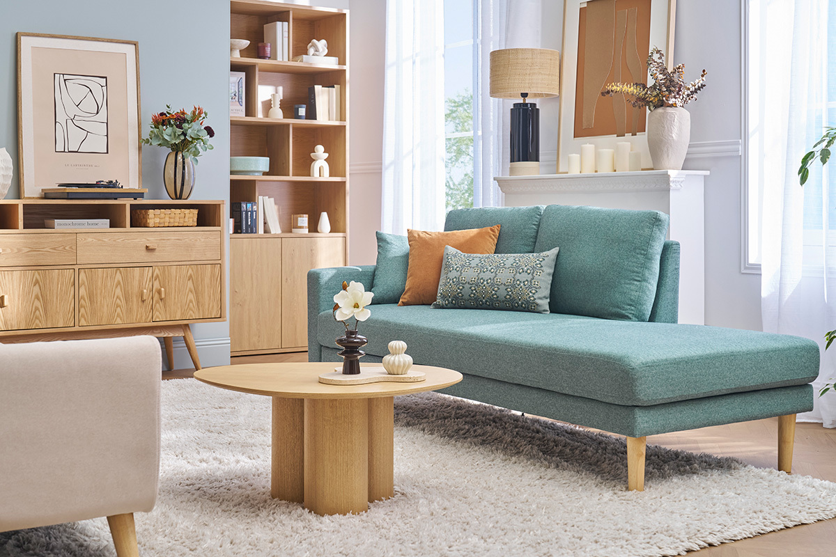 Mridienne scandinave en tissu vert de gris et bois clair massif L190 cm BERTILLE