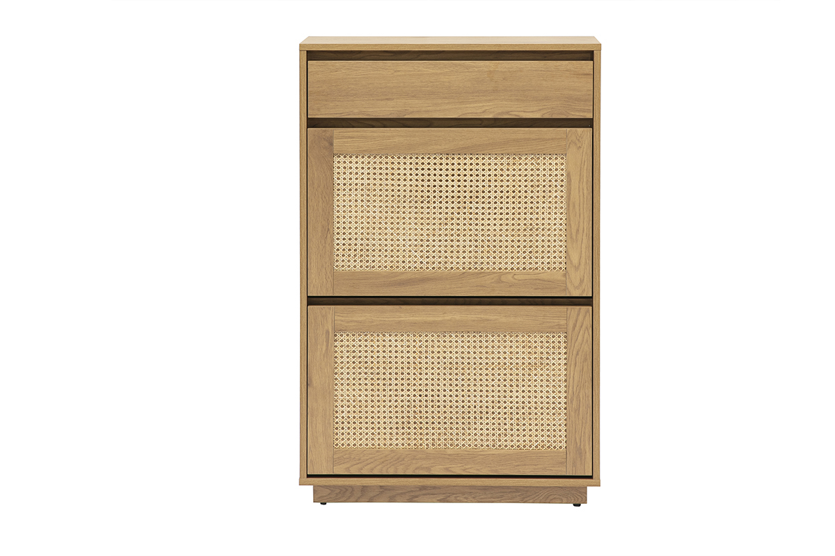 Meuble � chaussures finition bois clair ch�ne et cannage rotin L70 cm ALICANTE