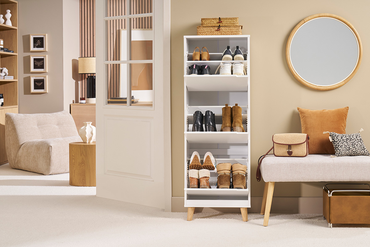 Meuble  chaussures scandinave blanc et bois 3 casiers L47 cm MITRAA