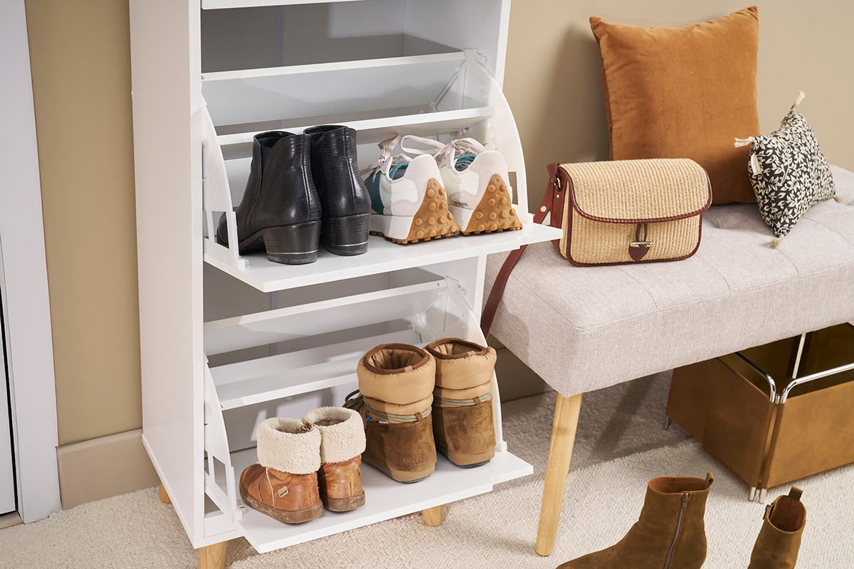 Meuble  chaussures scandinave blanc et bois 3 casiers L47 cm MITRAA
