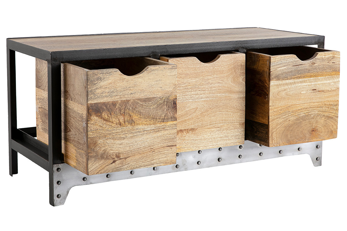 Meuble de rangement industriel en bois manguier massif et m�tal noir 3 tiroirs L100 cm ATELIER