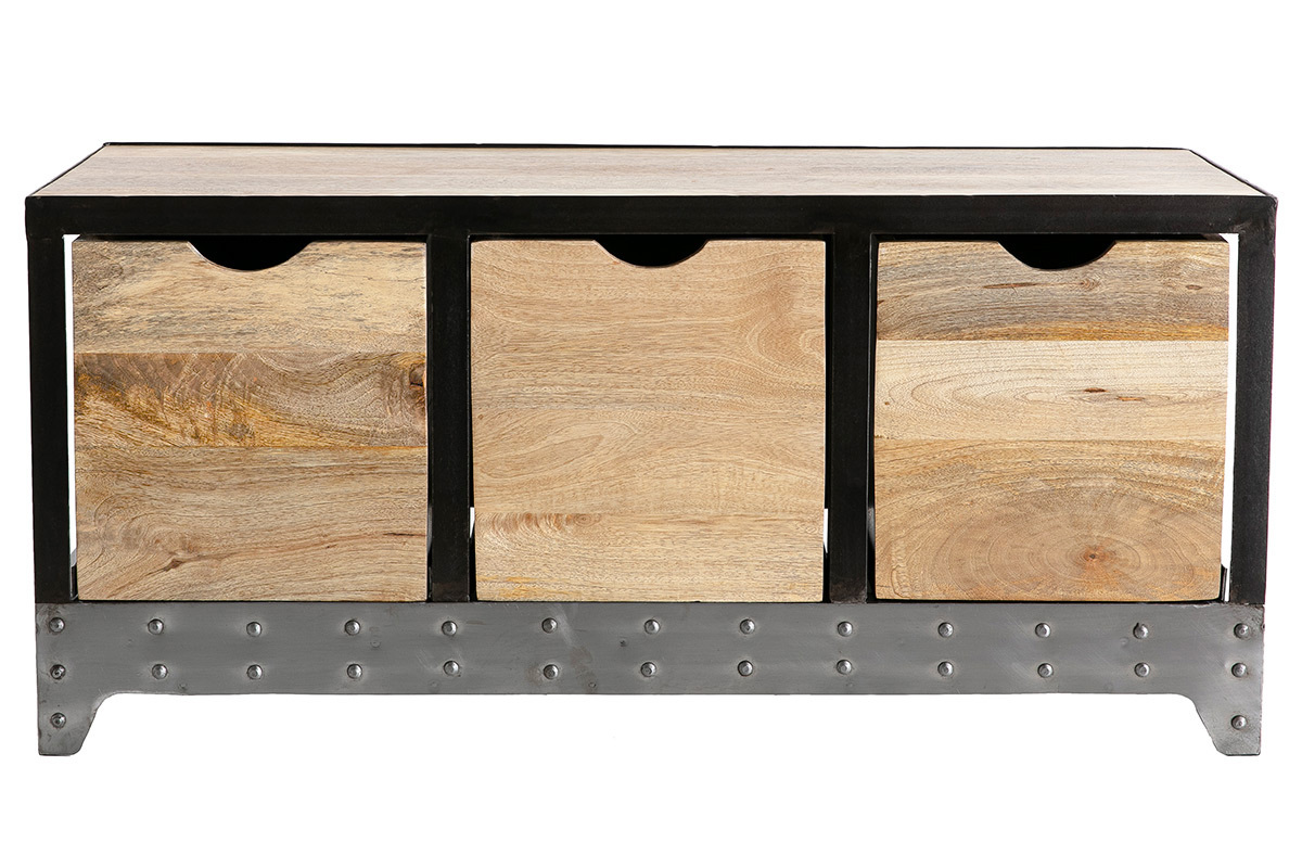 Meuble de rangement industriel en bois manguier massif et m�tal noir 3 tiroirs L100 cm ATELIER