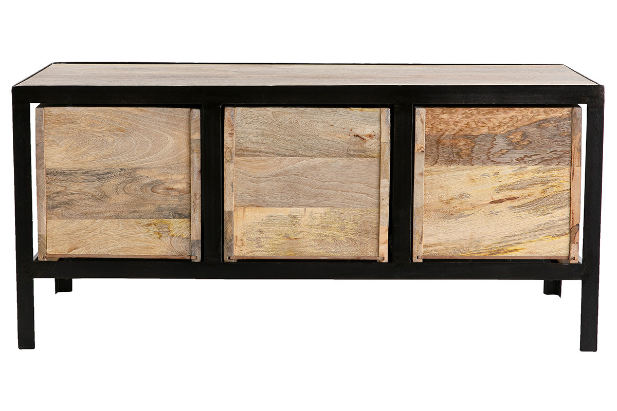 Meuble de rangement industriel en bois manguier massif et m�tal noir 3 tiroirs L100 cm ATELIER
