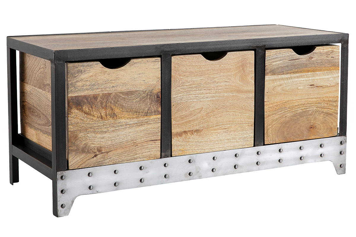 Meuble de rangement industriel en bois manguier massif et m�tal noir 3 tiroirs L100 cm ATELIER