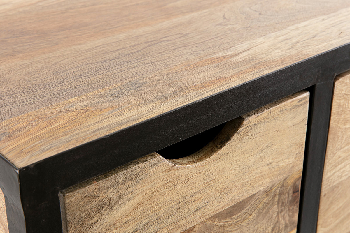 Meuble de rangement industriel en bois manguier massif et m�tal noir 3 tiroirs L100 cm ATELIER