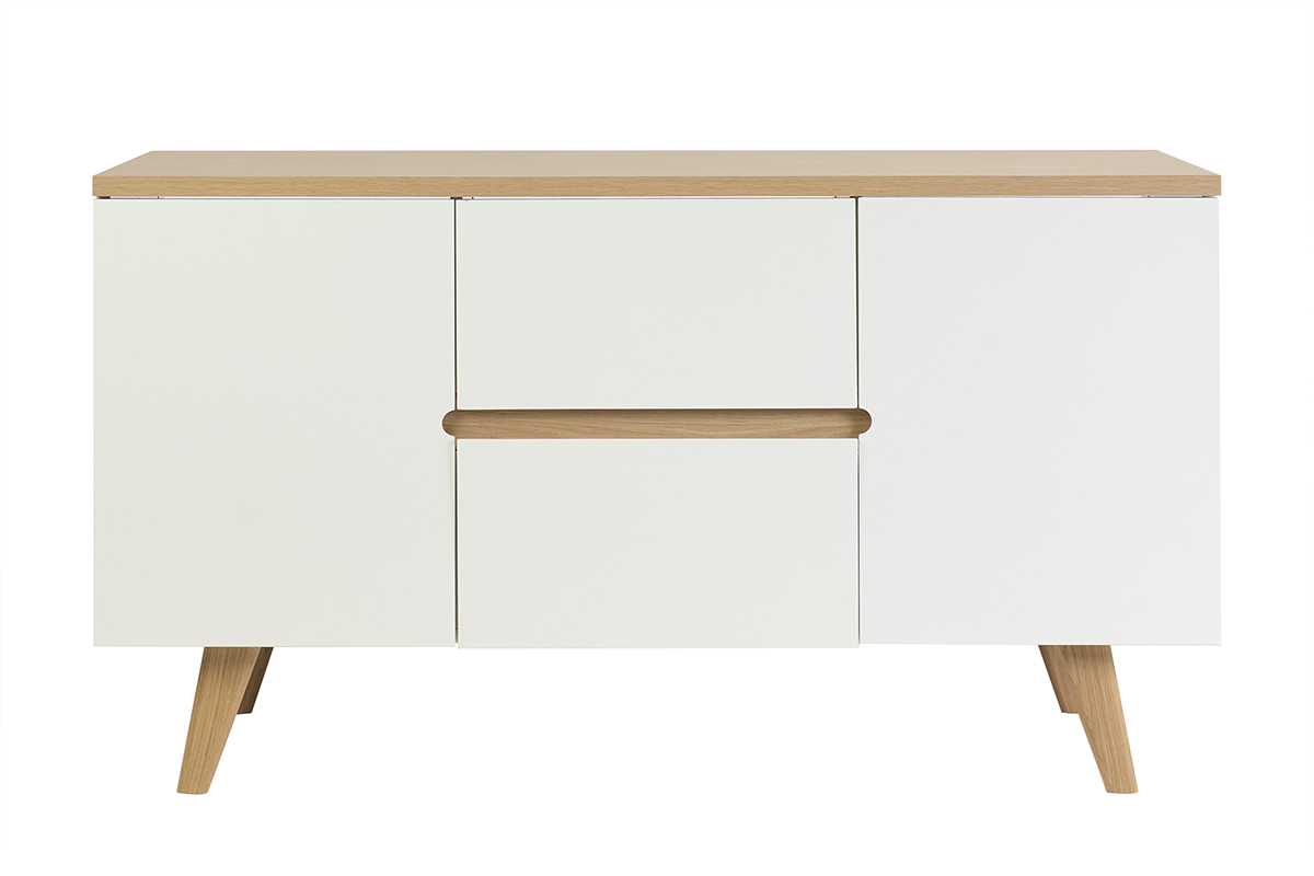 Meuble de salle de bain blanc laqu� brillant et bois clair L140 cm MELKA