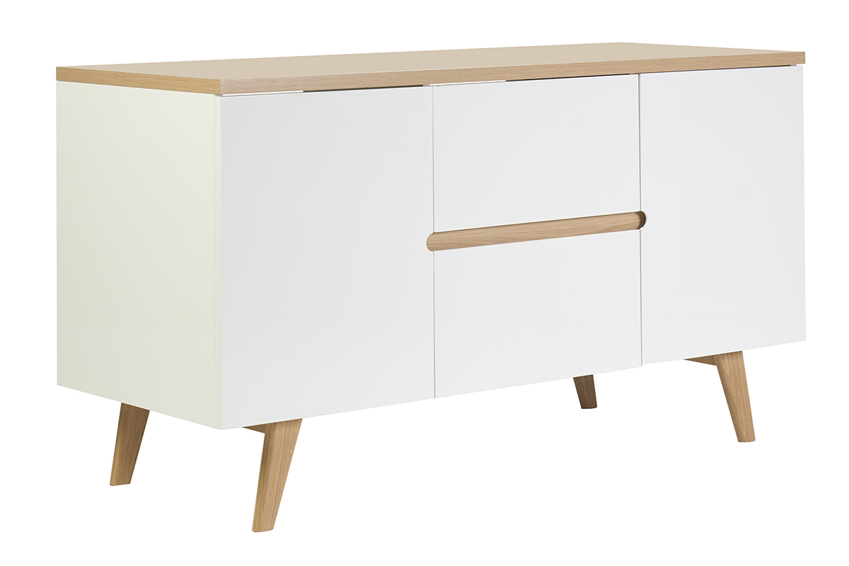 Meuble de salle de bain blanc laqu� brillant et bois clair L140 cm MELKA