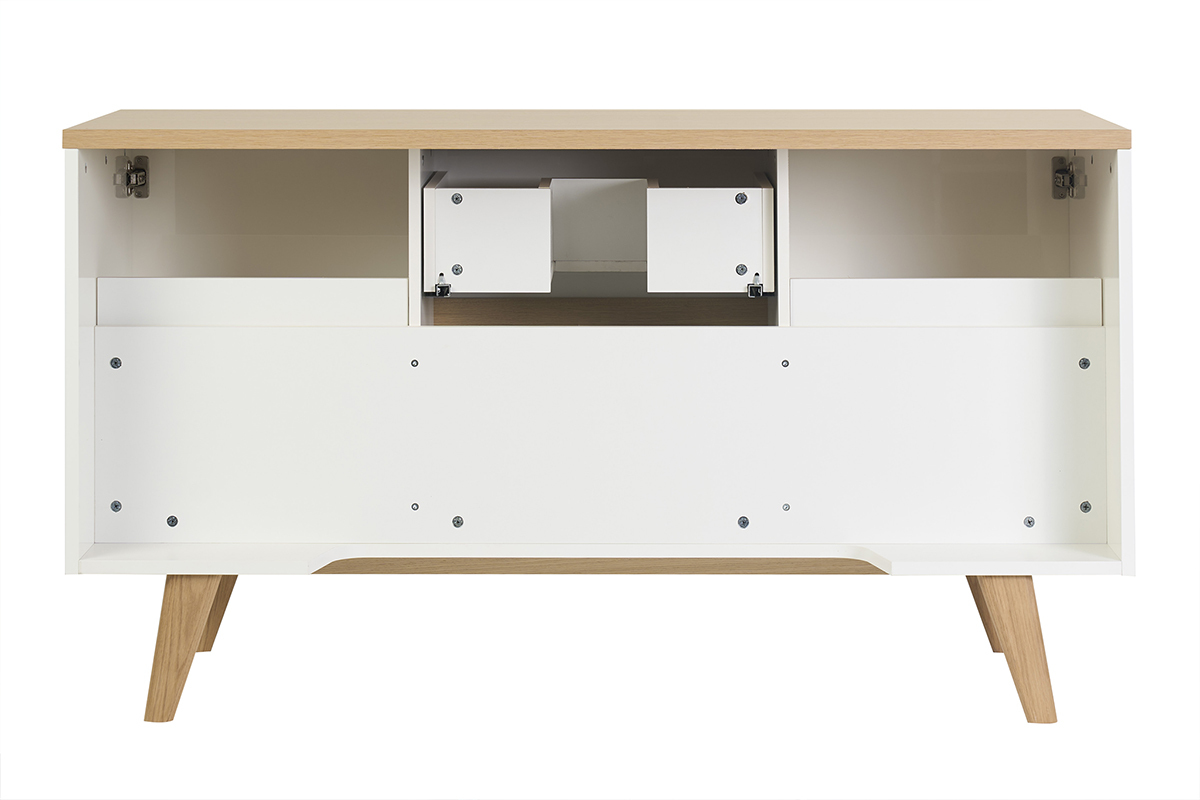 Meuble de salle de bain blanc laqu� brillant et bois clair L140 cm MELKA