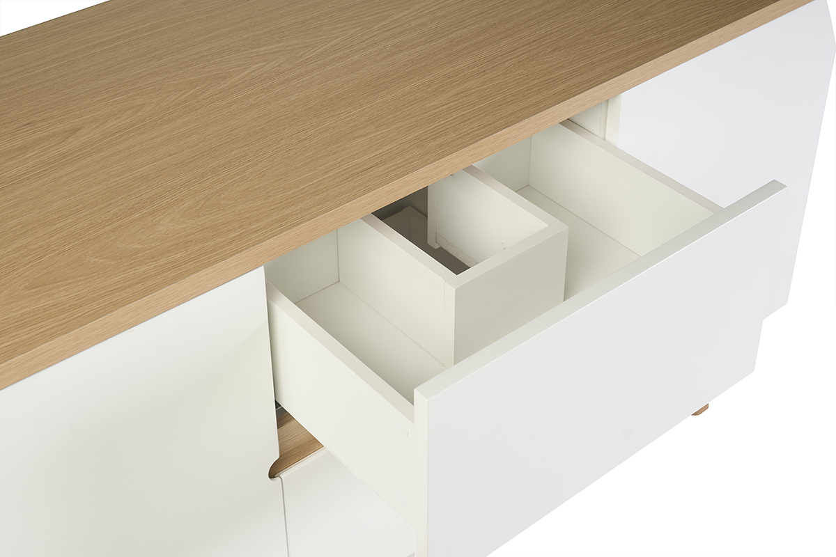Meuble de salle de bain blanc laqu� brillant et finition bois clair L140 cm MELKA
