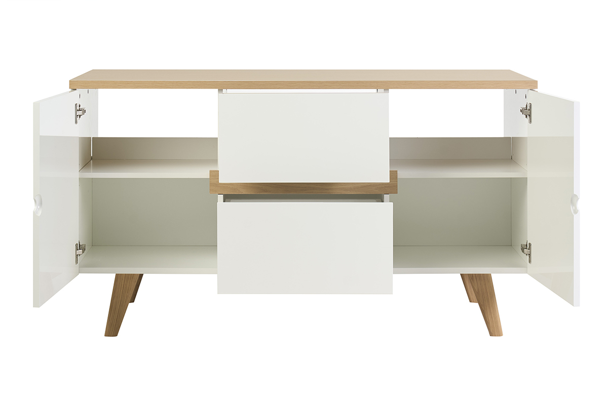 Meuble de salle de bain blanc laqu� brillant et finition bois clair L140 cm MELKA