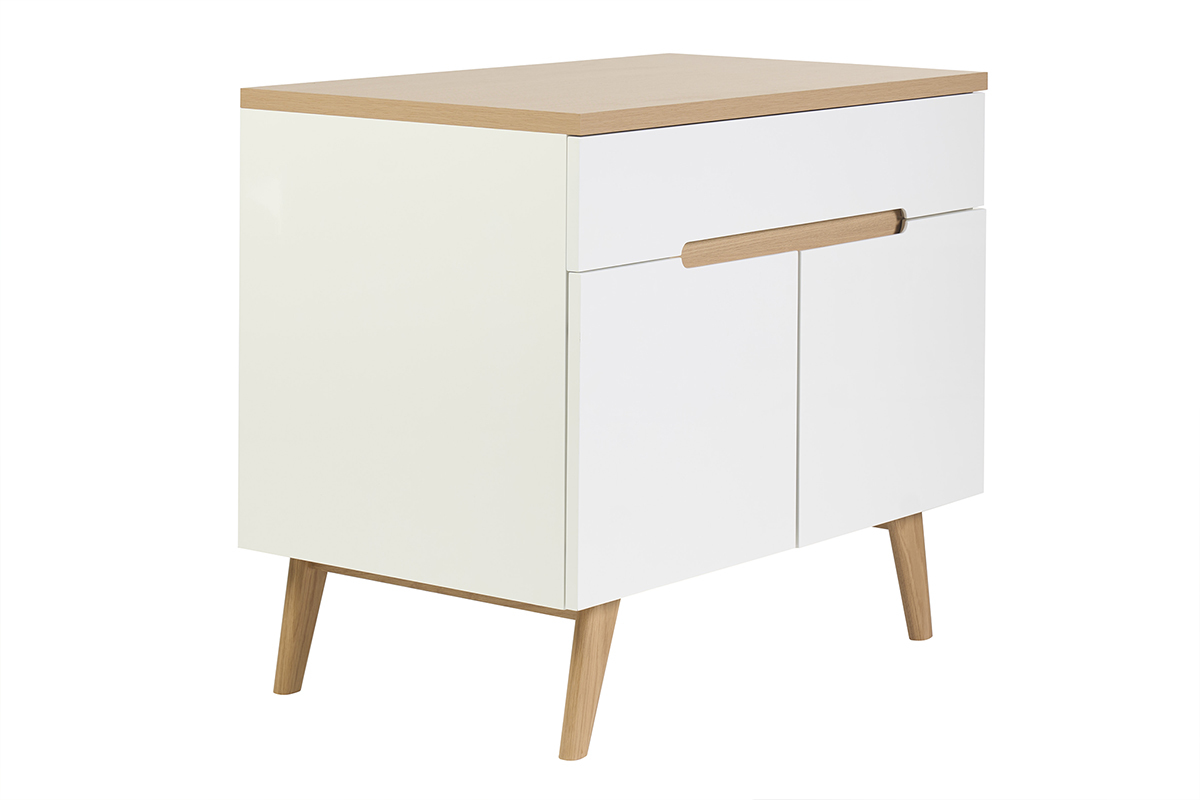 Meuble de salle de bain blanc laqu� brillant et finition bois clair L90 cm MELKA