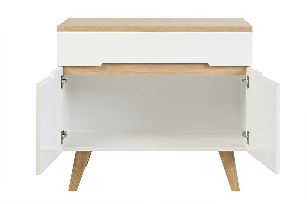 Meuble de salle de bain blanc laqu� brillant et finition bois clair L90 cm MELKA