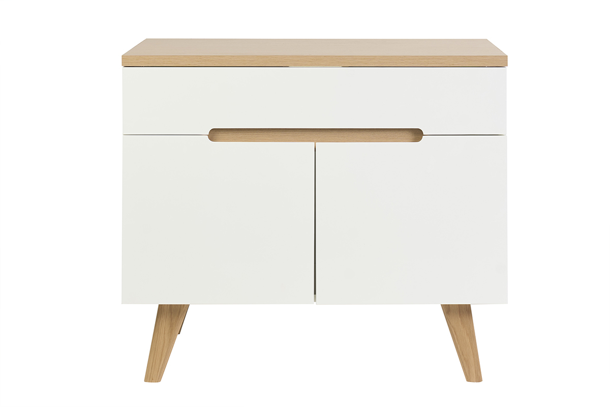 Meuble de salle de bain blanc laqu� brillant et finition bois clair L90 cm MELKA