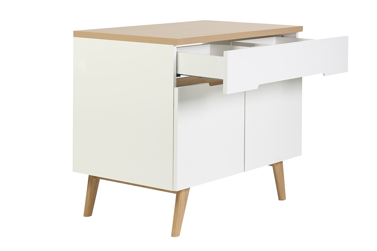Meuble de salle de bain blanc laqu� brillant et finition bois clair L90 cm MELKA