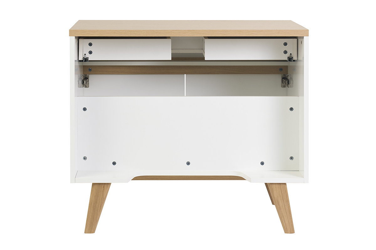 Meuble de salle de bain blanc laqu� brillant et finition bois clair L90 cm MELKA
