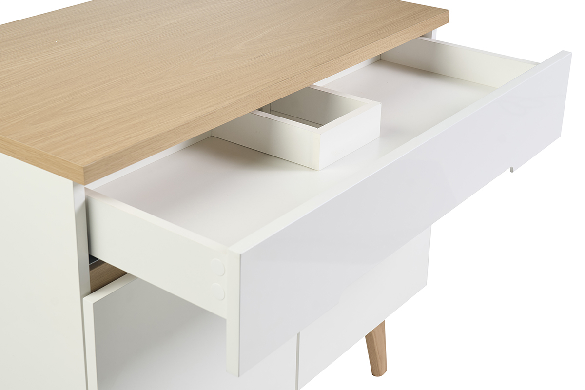 Meuble de salle de bain blanc laqu� brillant et finition bois clair L90 cm MELKA