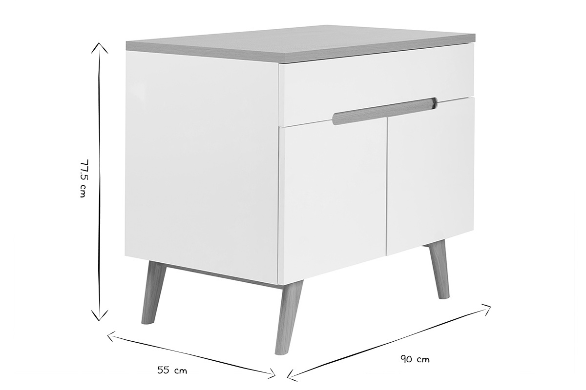 Meuble de salle de bain blanc laqu� brillant et finition bois clair L90 cm MELKA