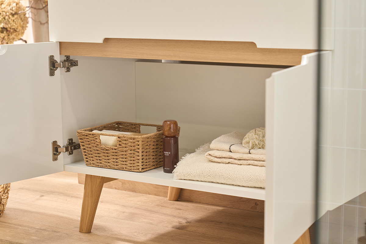 Meuble de salle de bain blanc laqu� brillant et finition bois clair L90 cm MELKA