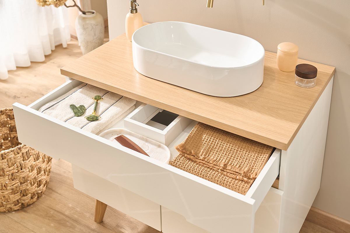 Meuble de salle de bain blanc laqu� brillant et finition bois clair L90 cm MELKA