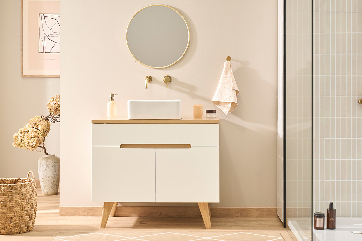 Meuble de salle de bain blanc laqu� brillant et finition bois clair L90 cm MELKA