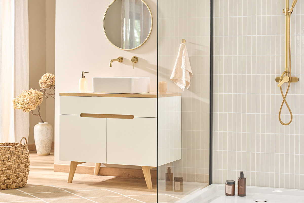 Meuble de salle de bain blanc laqu� brillant et finition bois clair L90 cm MELKA