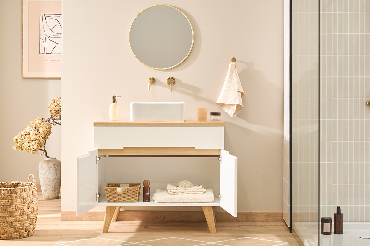 Meuble de salle de bain blanc laqu� brillant et finition bois clair L90 cm MELKA