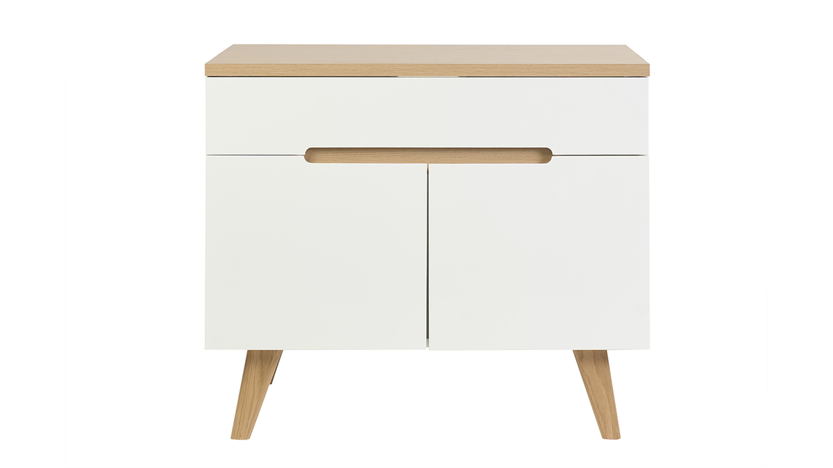 Meuble de salle de bain blanc laqu� brillant et finition bois clair L90 cm MELKA