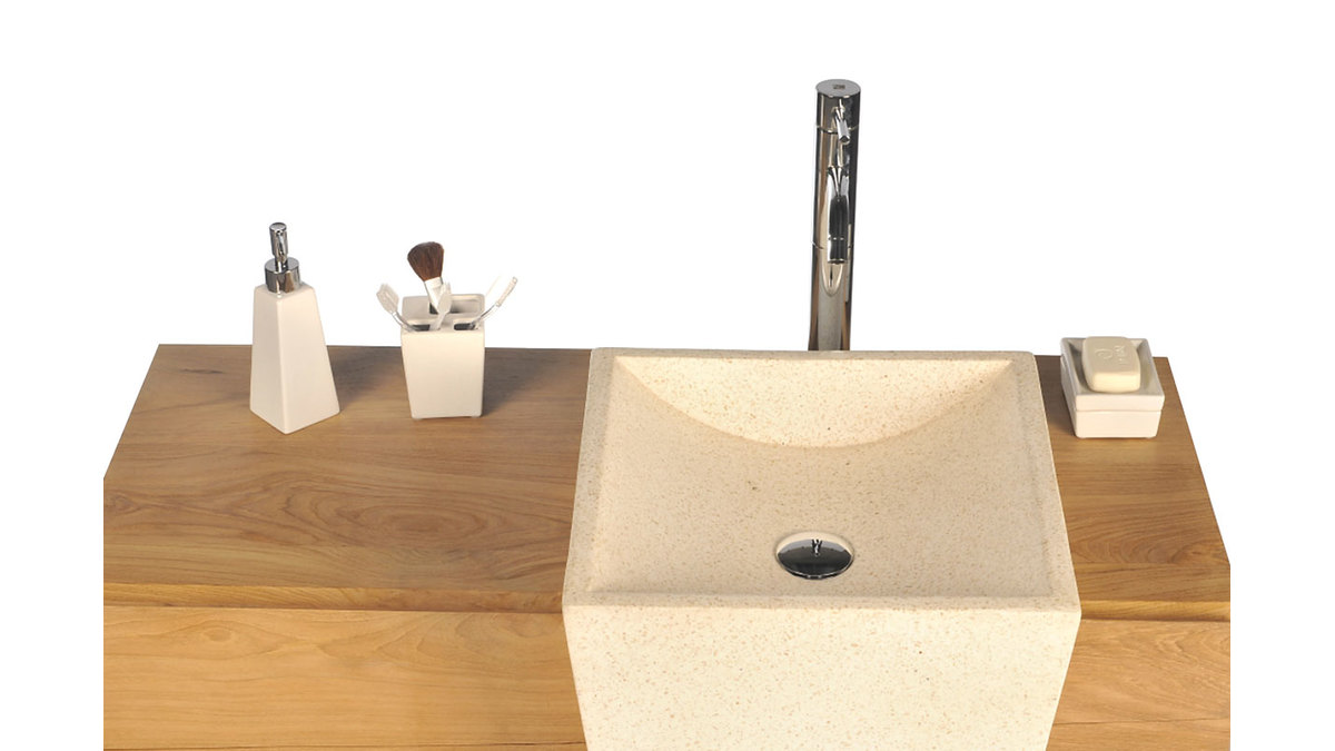 Meuble de salle de bain design ethnique en teck et terrazzo vasque encastre ARU