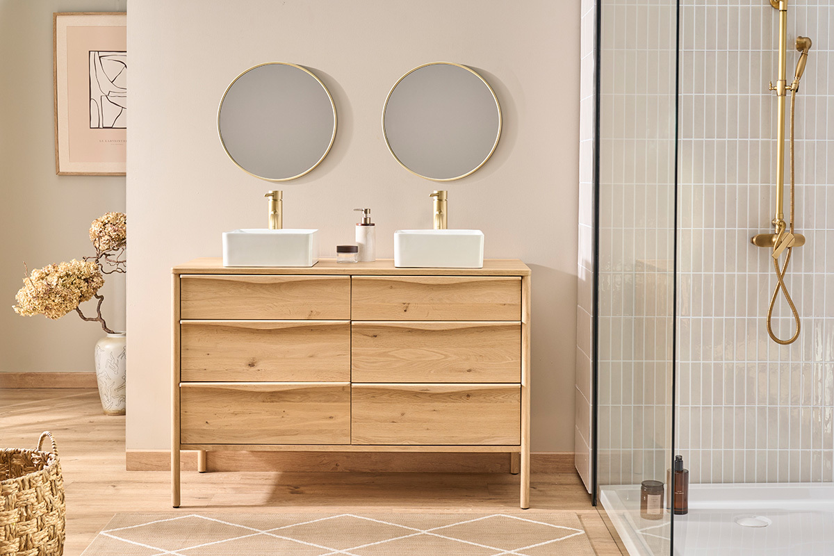 Meuble de salle de bain en bois ch�ne massif L120 cm MARIN