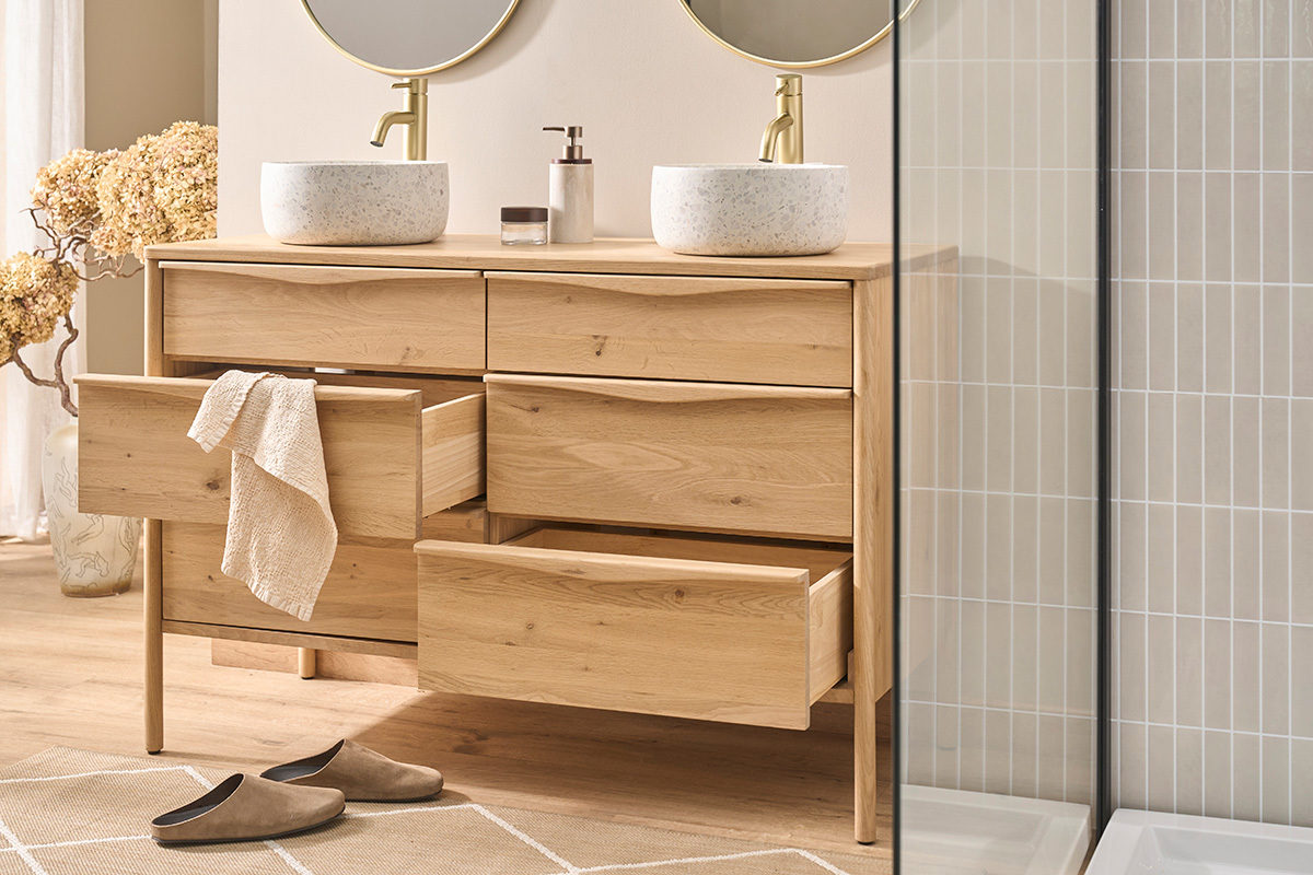 Meuble de salle de bain en bois ch�ne massif L120 cm MARIN