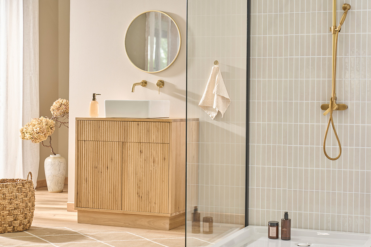Meuble de salle de bain en bois ch�ne massif L80 cm ALISTAIR