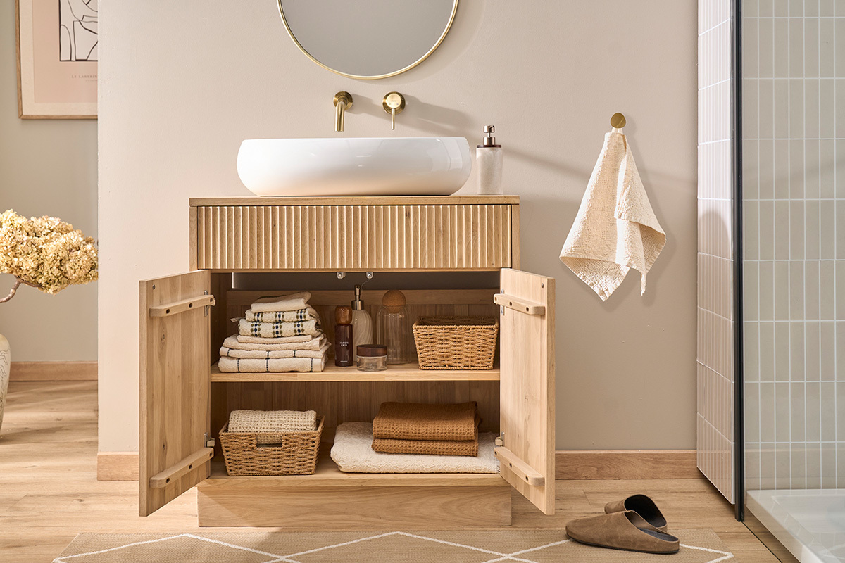 Meuble de salle de bain en bois ch�ne massif L80 cm ALISTAIR