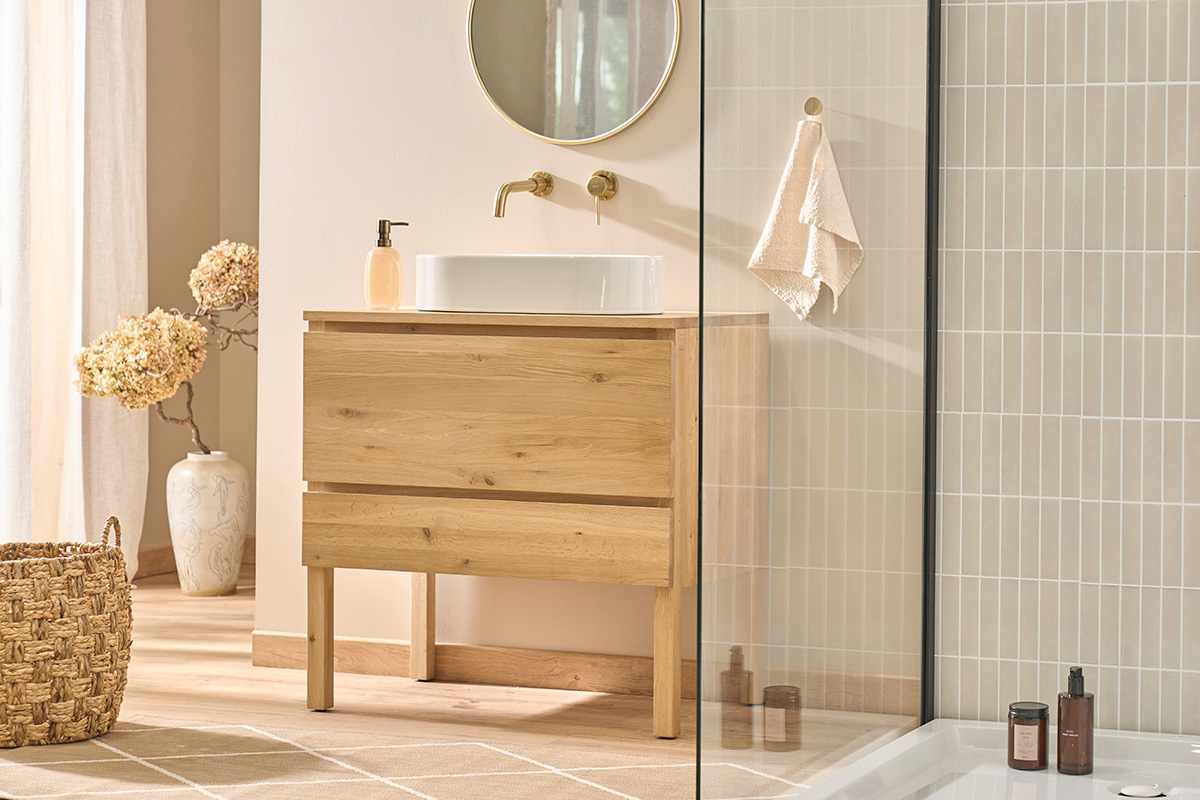 Meuble de salle de bain en bois ch�ne massif L80 cm JOSHUA